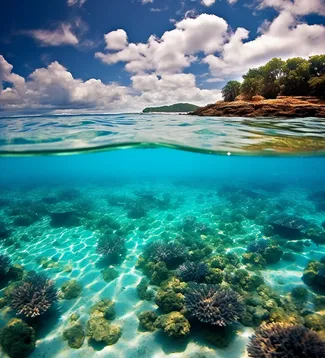 Tropical island above crystal-clear water and coral below